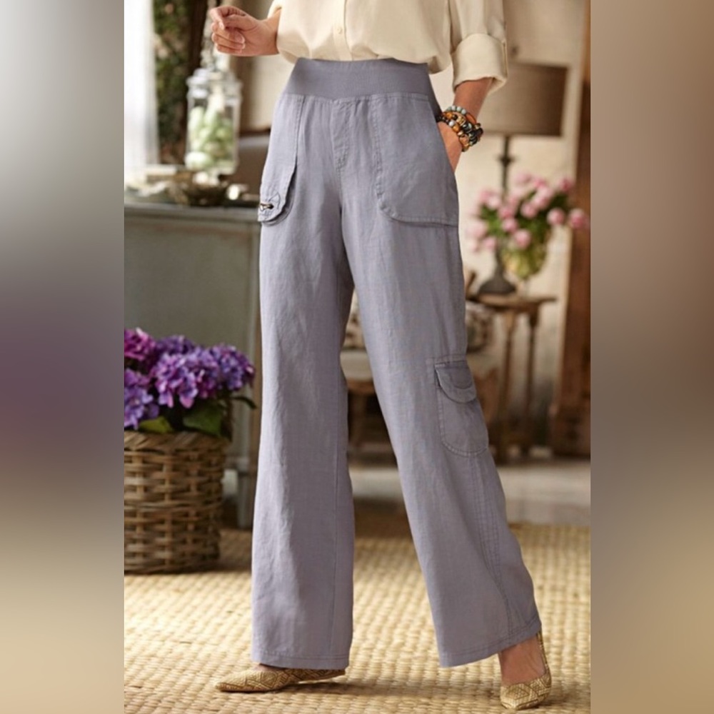 Soft Surroundings Wide Leg Cargo Pants Pocket Linen Blend Boho Gray Petite Large